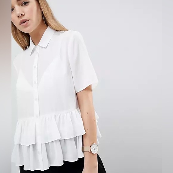 NWT Asos White short sleeve button up with ruffle hem, US 2 - Picture 10 of 10